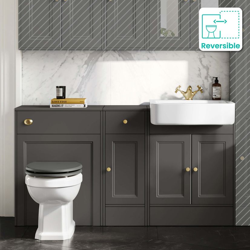 Monaco Graphite Grey Combination Vanity Basin and Hudson Toilet with Wooden Seat 1500mm - Brushed Brass Accents
