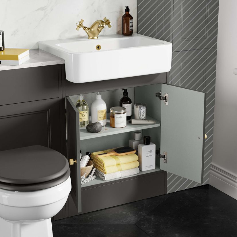 Monaco Graphite Grey Combination Vanity Basin with Marble Top & Hudson Toilet with Wooden Seat 1200mm - Brushed Brass Accents