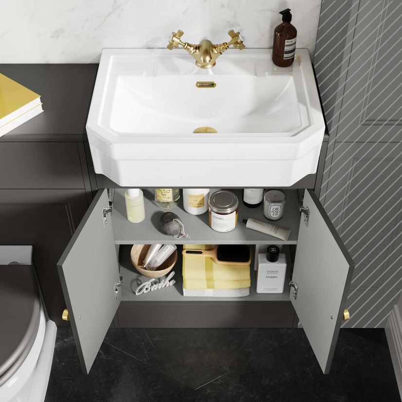 Monaco Graphite Grey Combination Vanity Traditional Basin and Hudson Toilet with Wooden Seat 1200mm - Brushed Brass Accents