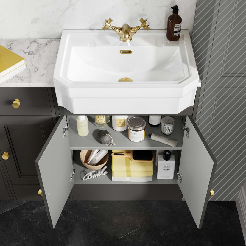 Monaco Graphite Grey Combination Vanity Traditional Basin with Marble Top & Hudson Toilet with Wooden Seat 1500mm - Brushed Brass Accents