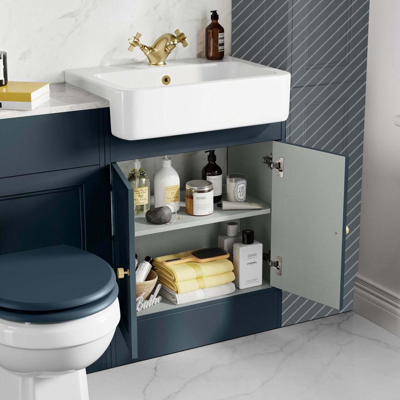 Monaco Inky Blue Combination Vanity Basin with Marble Top & Hudson Toilet with Wooden Seat 1200mm - Brushed Brass Accents