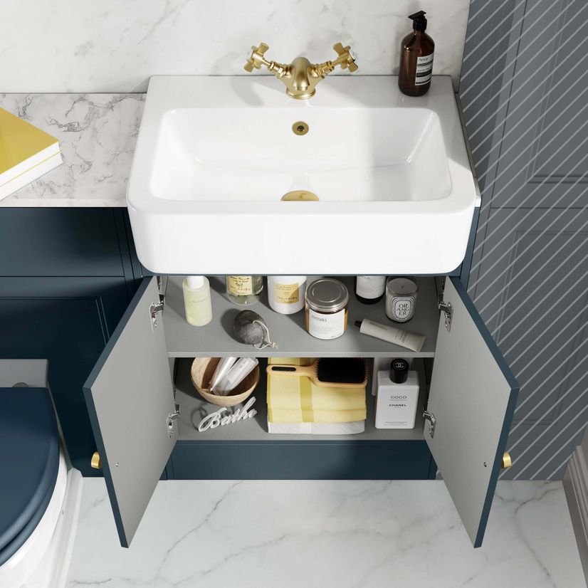 Monaco Inky Blue Combination Vanity Basin with Marble Top & Hudson Toilet with Wooden Seat 1200mm - Brushed Brass Accents