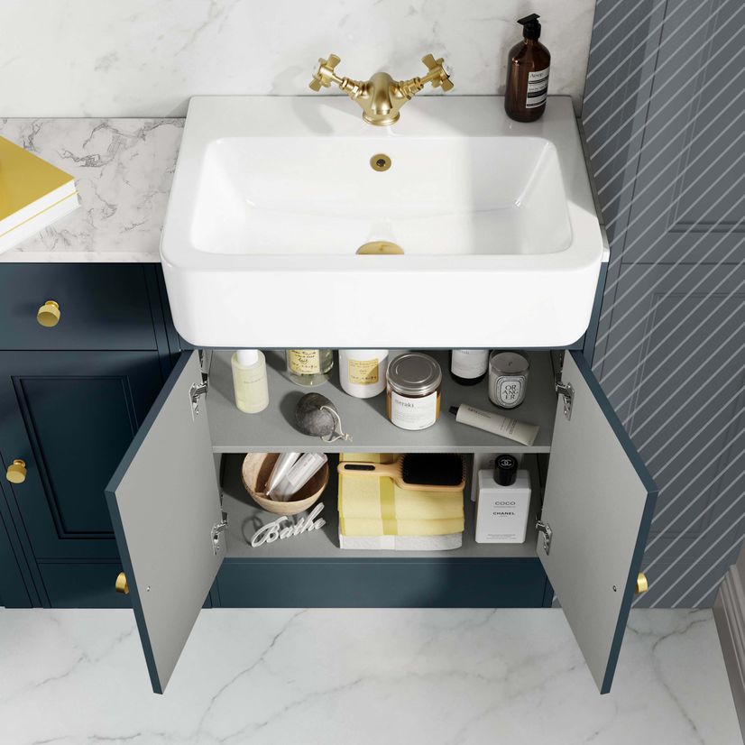 Monaco Inky Blue Combination Vanity Basin with Marble Top and Hudson Toilet with Wooden Seat 1500mm - Brushed Brass Accents