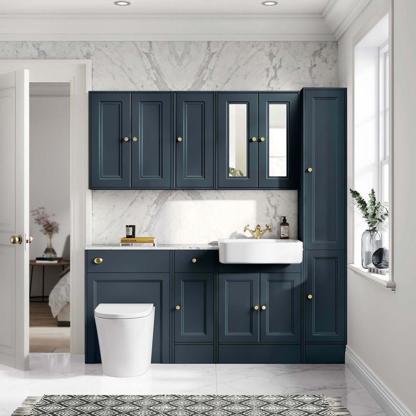 Monaco Inky Blue Combination Vanity Basin with Marble Top and Boston Toilet 1500mm - Brushed Brass Accents