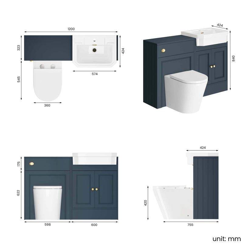 Monaco Inky Blue Combination Vanity Traditional Basin and Boston Toilet 1200mm - Brushed Brass Accents