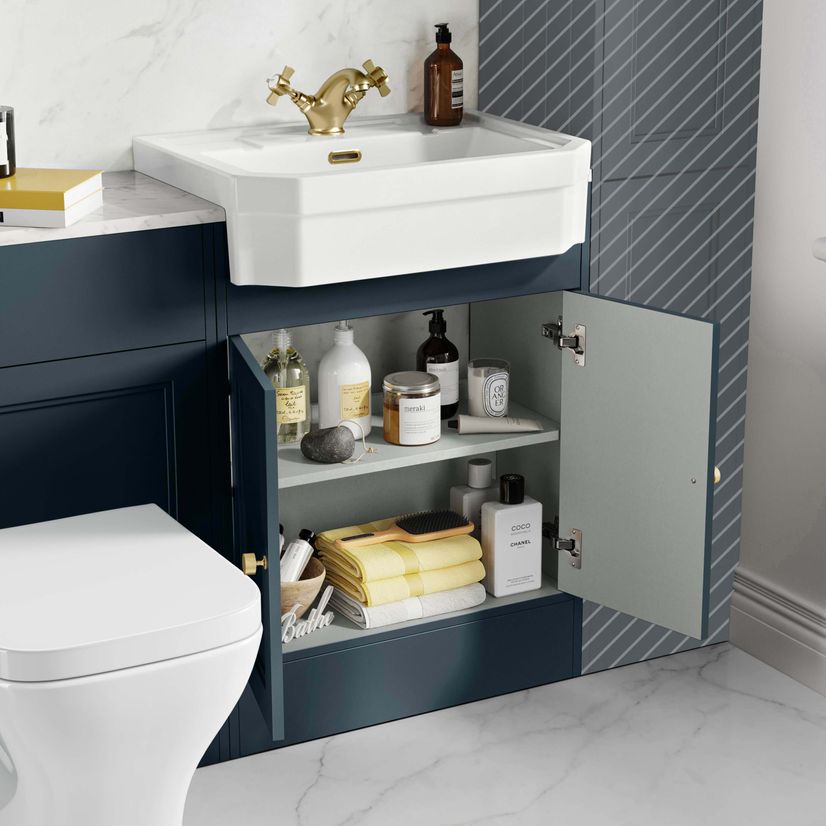 Monaco Inky Blue Combination Vanity Traditional Basin with Marble Top & Atlanta Toilet 1200mm - Brushed Brass Accents