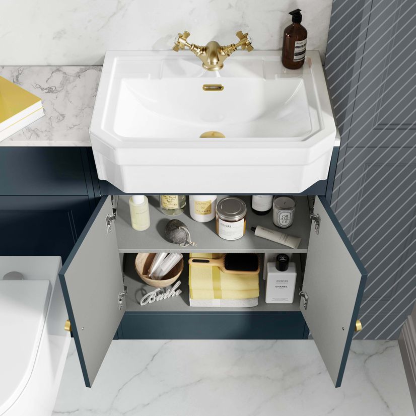 Monaco Inky Blue Combination Vanity Traditional Basin with Marble Top & Boston Toilet 1200mm - Brushed Brass Accents