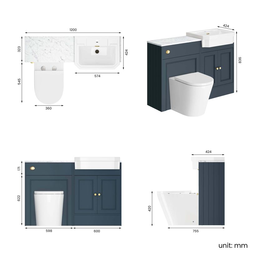 Monaco Inky Blue Combination Vanity Traditional Basin with Marble Top & Boston Toilet 1200mm - Brushed Brass Accents
