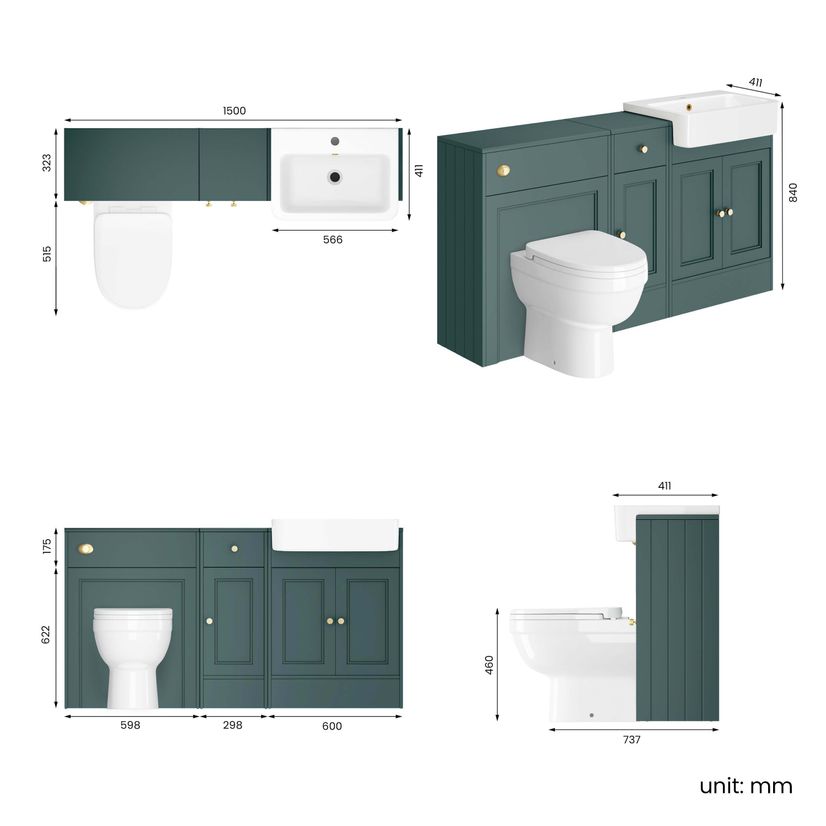 Monaco Midnight Green Combination Vanity Basin and Seattle Toilet 1500mm - Brushed Brass Accents