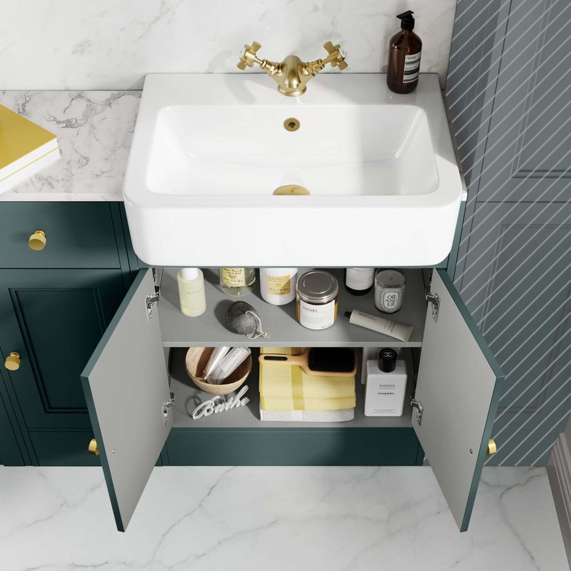 Monaco Midnight Green Combination Vanity Basin with Marble Top and Seattle Toilet 1500mm - Brushed Brass Accents