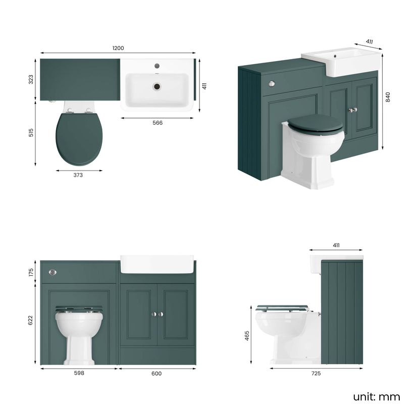 Monaco Midnight Green Combination Vanity Basin and Hudson Toilet with Wooden Seat 1200mm