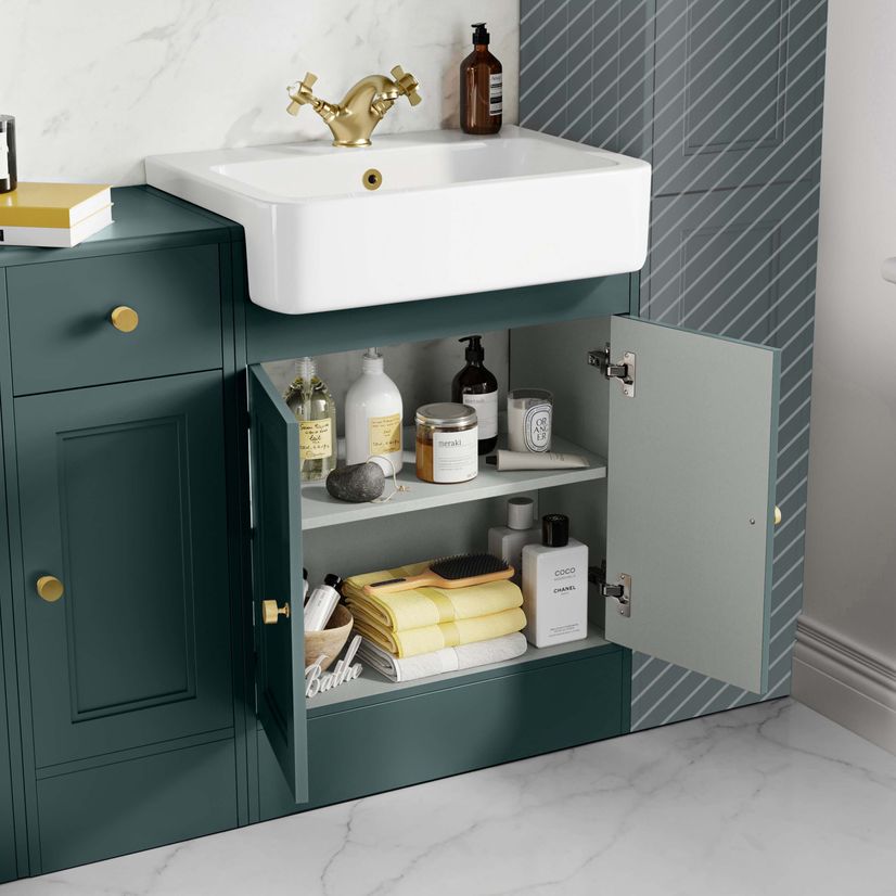 Monaco Midnight Green Combination Vanity Basin and Hudson Toilet with Wooden Seat 1500mm - Brushed Brass Accents
