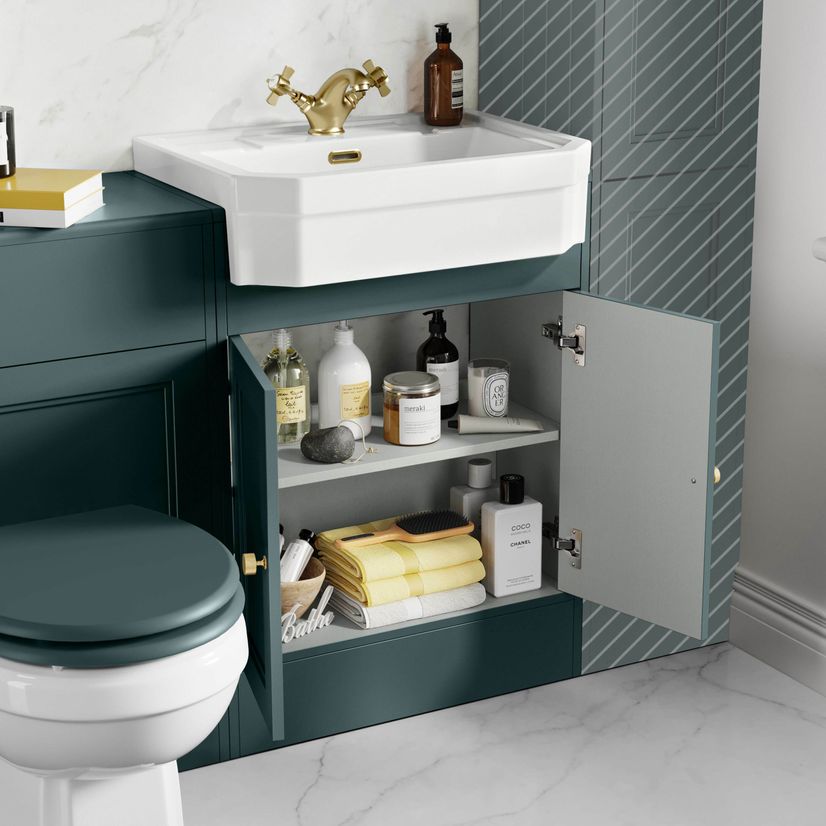 Monaco Midnight Green Combination Vanity Traditional Basin and Hudson Toilet with Wooden Seat 1200mm - Brushed Brass Accents