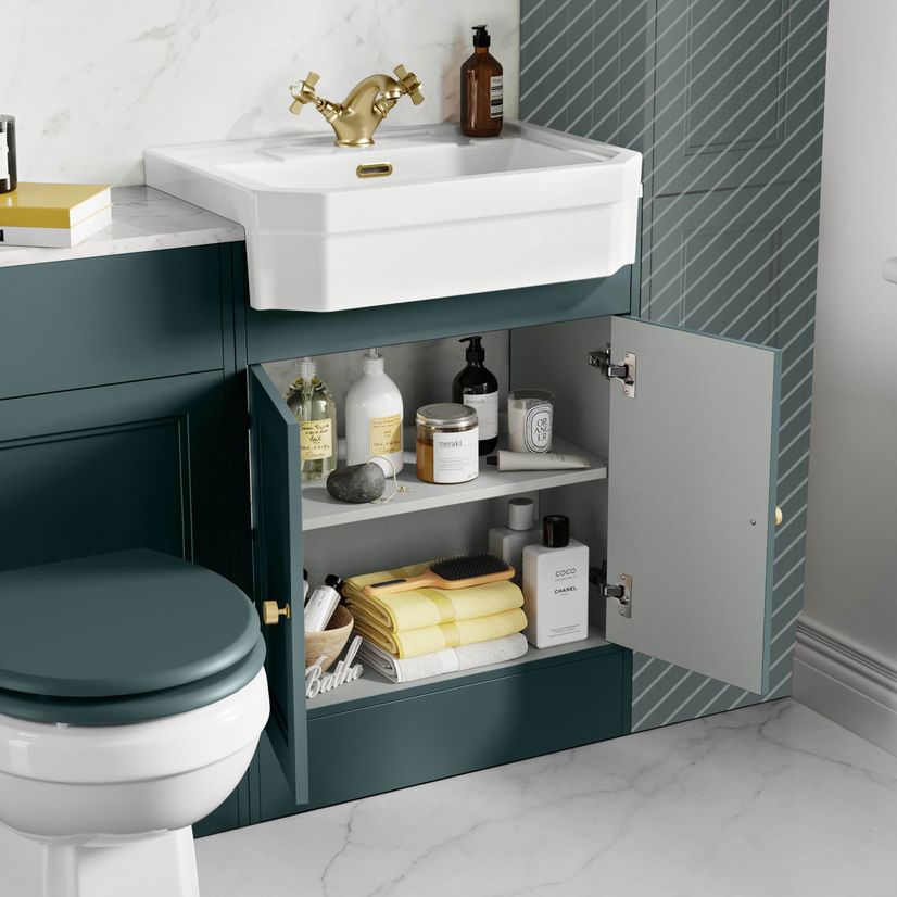 Monaco Midnight Green Combination Vanity Traditional Basin with Marble Top & Hudson Toilet with Wooden Seat 1200mm - Brushed Brass Accents