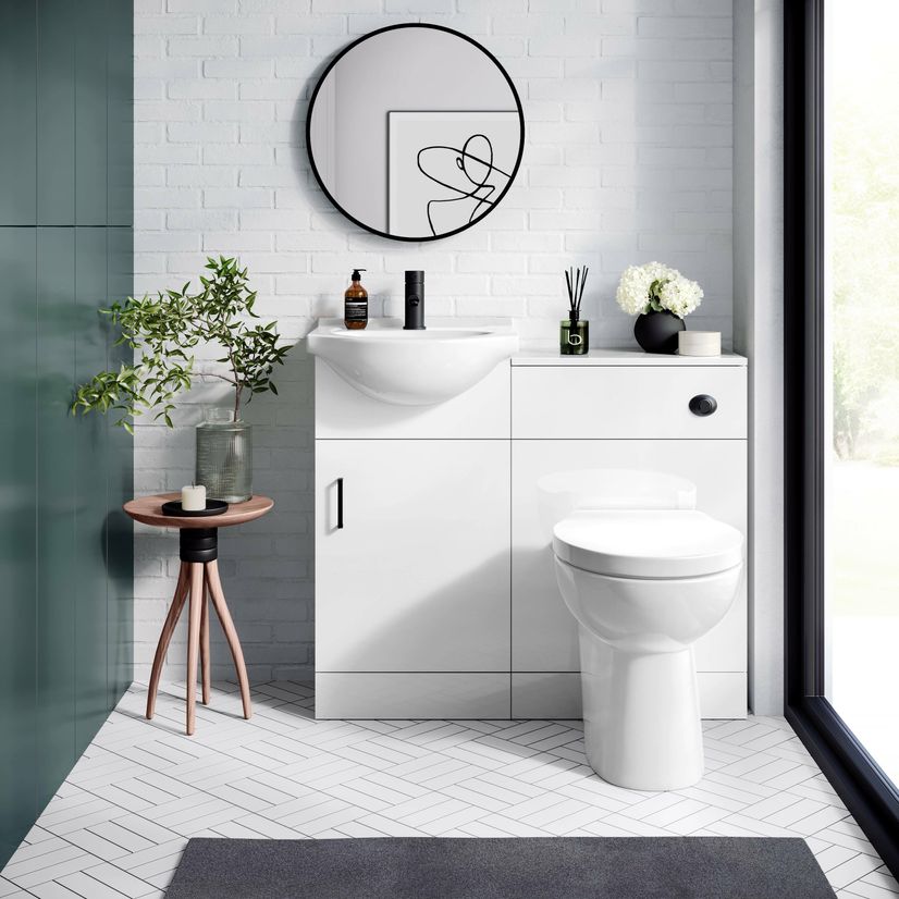 Quartz Gloss White Cloakroom Vanity with Semi Recessed Basin 450mm - Black Accents