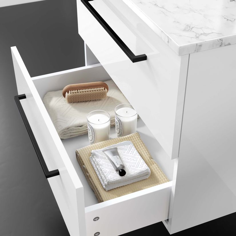 Elba Gloss White Wall Hung Drawer Vanity with Marble Top & Curved Counter Top Basin 600mm - Black Accents