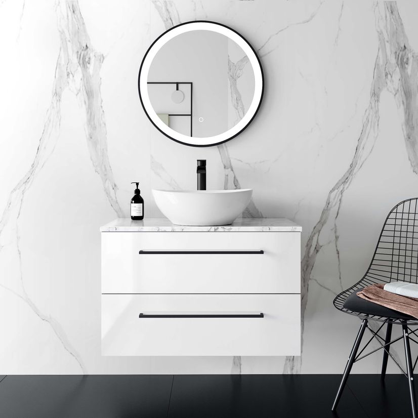 Elba Gloss White Wall Hung Drawer Vanity with Marble Top & Oval Counter Top Basin 800mm - Black Accents