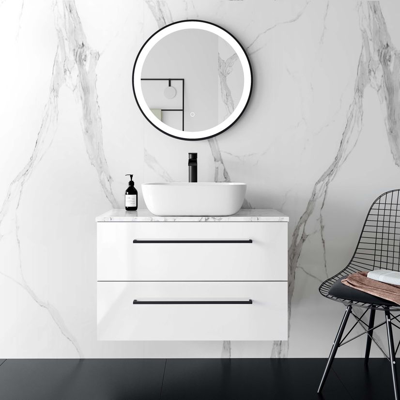 Elba Gloss White Wall Hung Drawer Vanity with Marble Top & Curved Counter Top Basin 800mm - Black Accents