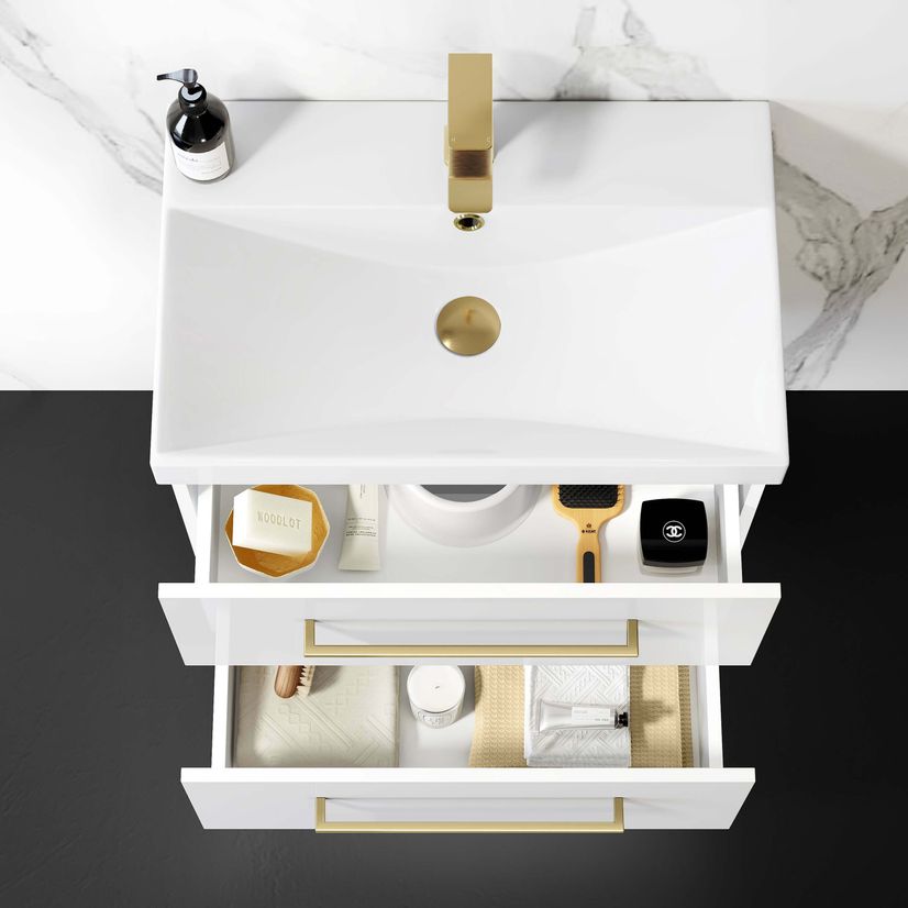 Elba Gloss White Wall Hung Basin Drawer Vanity 600mm - Brushed Brass Accents