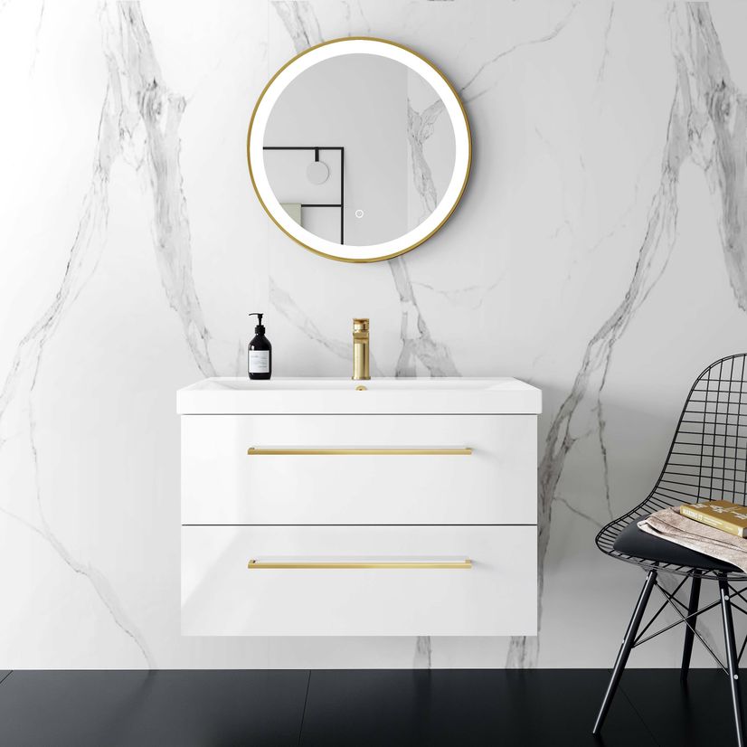 Elba Gloss White Wall Hung Basin Drawer Vanity 800mm - Brushed Brass Accents