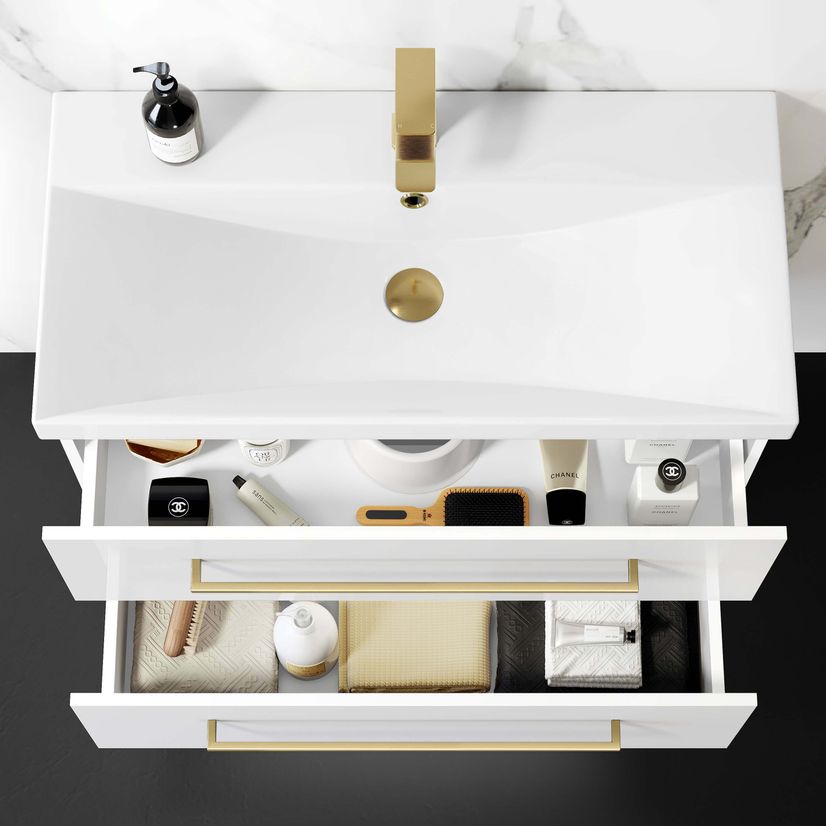 Elba Gloss White Wall Hung Basin Drawer Vanity 800mm - Brushed Brass Accents