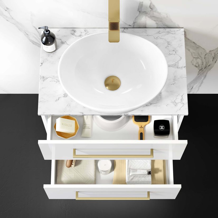 Elba Gloss White Wall Hung Drawer Vanity with Marble Top & Oval Counter Top Basin 600mm - Brushed Brass Accents