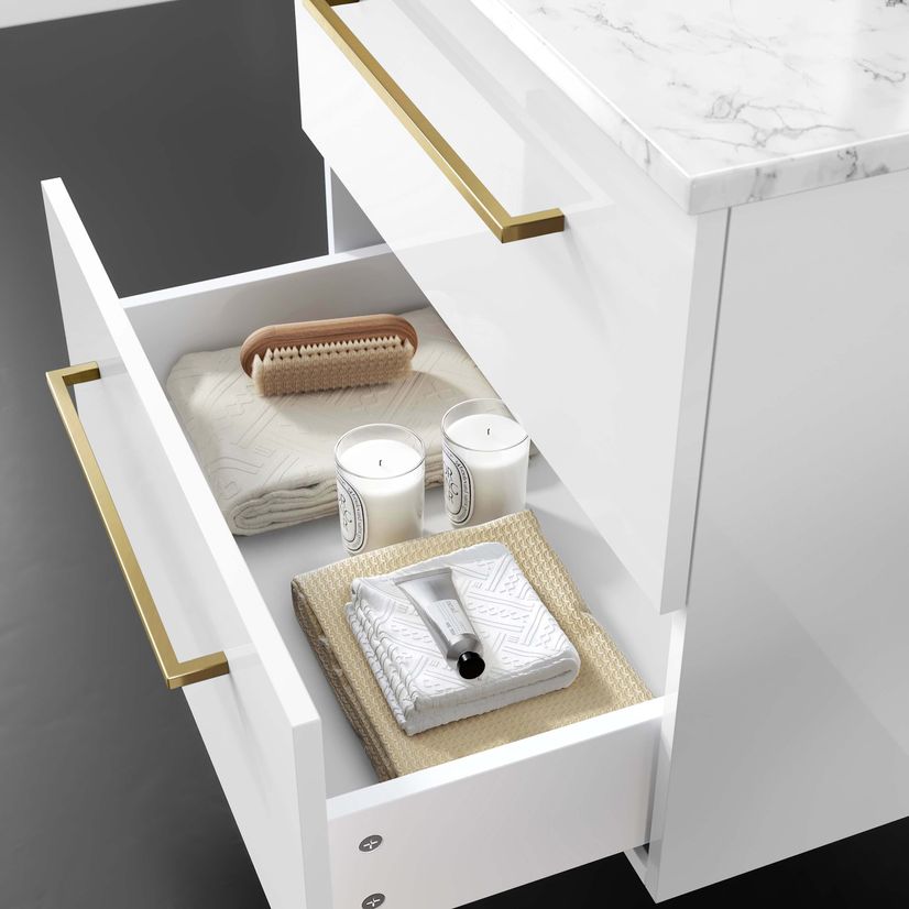 Elba Gloss White Wall Hung Drawer Vanity with Marble Top & Oval Counter Top Basin 600mm - Brushed Brass Accents