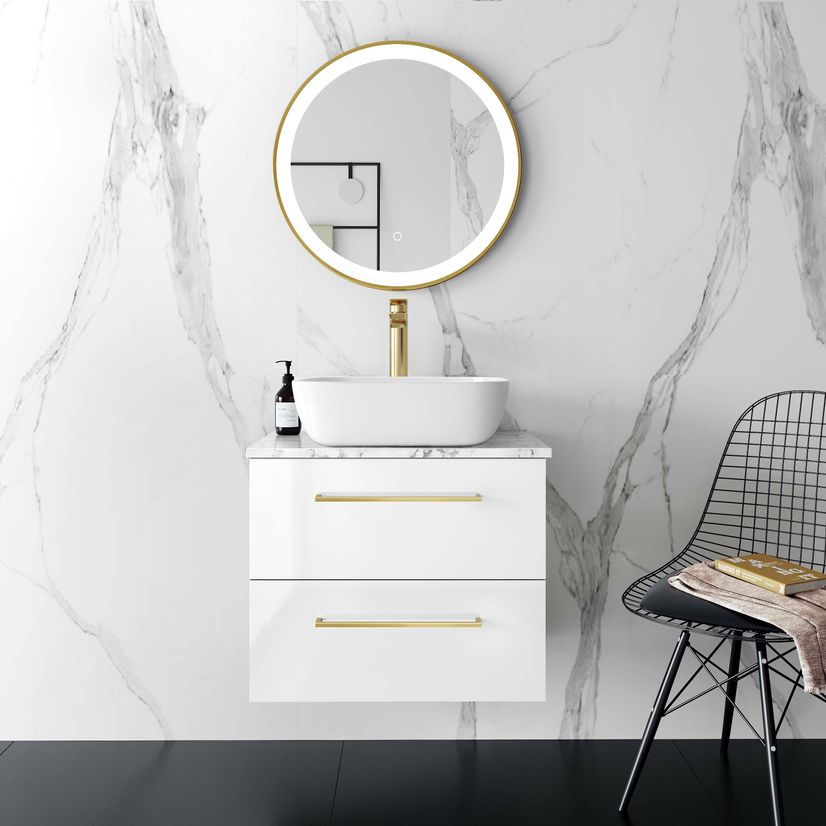 Elba Gloss White Wall Hung Drawer Vanity with Marble Top & Curved Counter Top Basin 600mm - Brushed Brass Accents