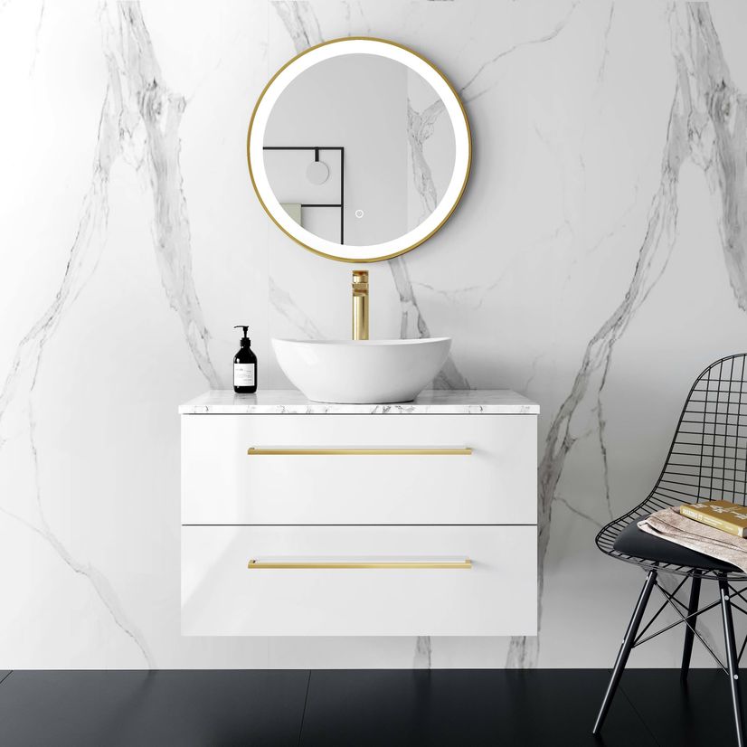 Elba Gloss White Wall Hung Drawer Vanity with Marble Top & Oval Counter Top Basin 800mm - Brushed Brass Accents