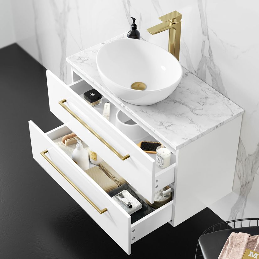 Elba Gloss White Wall Hung Drawer Vanity with Marble Top & Oval Counter Top Basin 800mm - Brushed Brass Accents