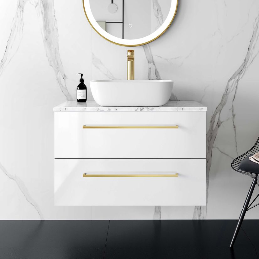 Elba Gloss White Wall Hung Drawer Vanity with Marble Top & Curved Counter Top Basin 800mm - Brushed Brass Accents