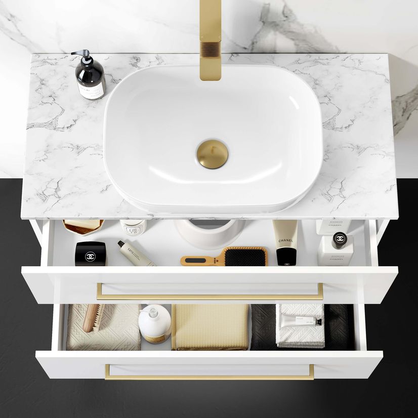 Elba Gloss White Wall Hung Drawer Vanity with Marble Top & Curved Counter Top Basin 800mm - Brushed Brass Accents