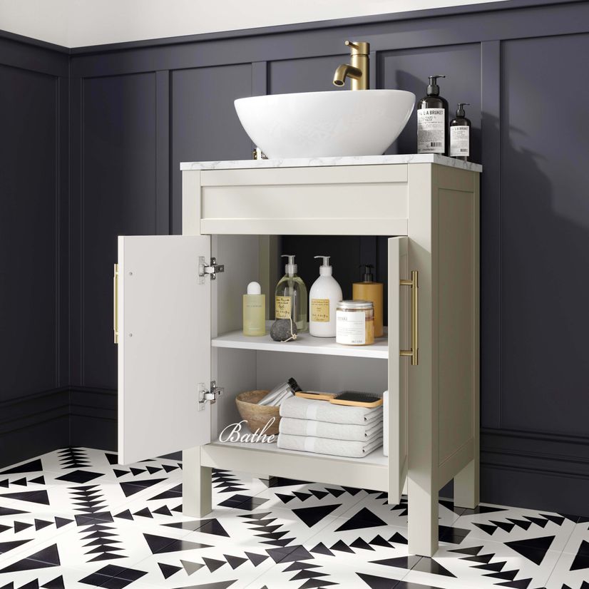 Bermuda Chalk White Vanity with Marble Top & Oval Counter Top Basin 600mm - Brass Knurled Handles
