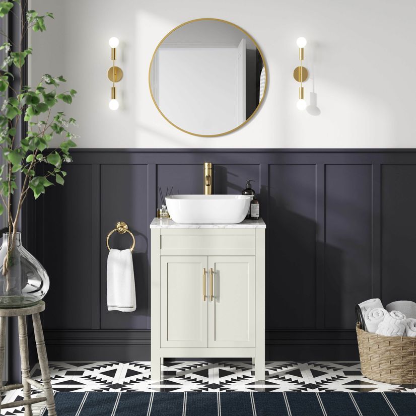 Bermuda Chalk White Vanity with Marble Top & Curved Counter Top Basin 600mm - Brass Knurled Handles