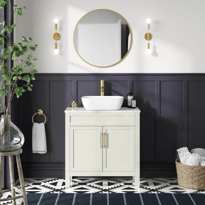 Bermuda Chalk White Vanity with Marble Top & Curved Counter Top Basin 800mm - Brass Knurled Handles