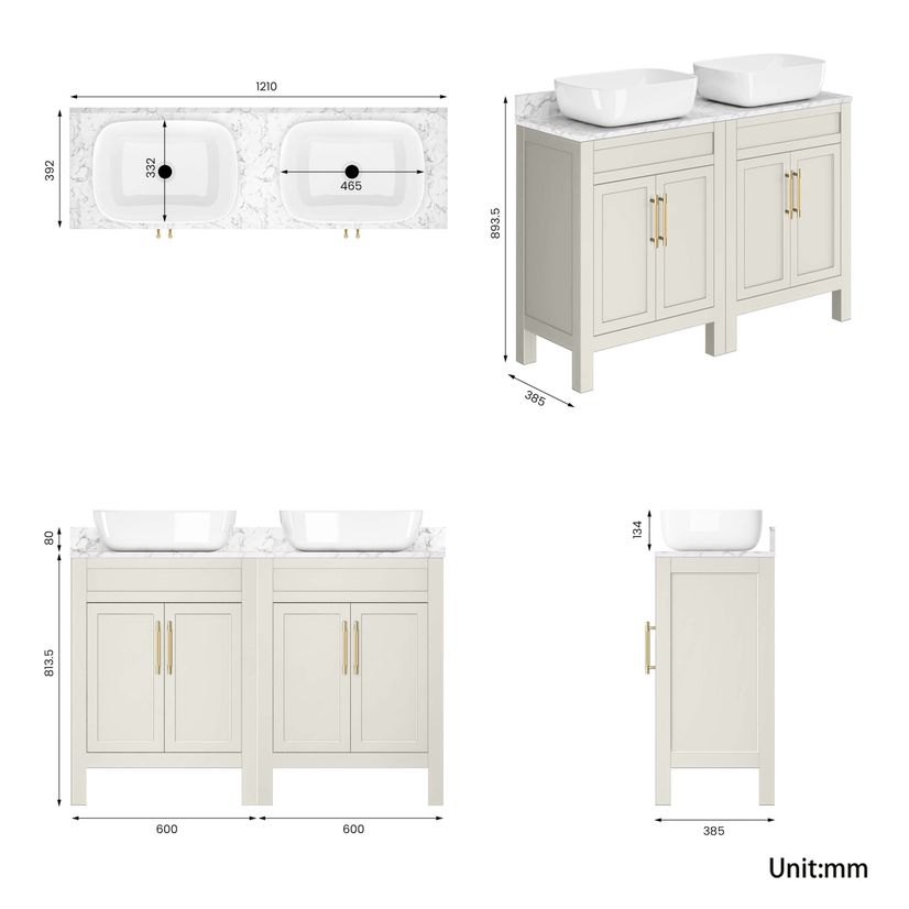 Bermuda Chalk White Vanity with Marble Top & Curved Counter Top Basin 1200mm - Brass Knurled Handles