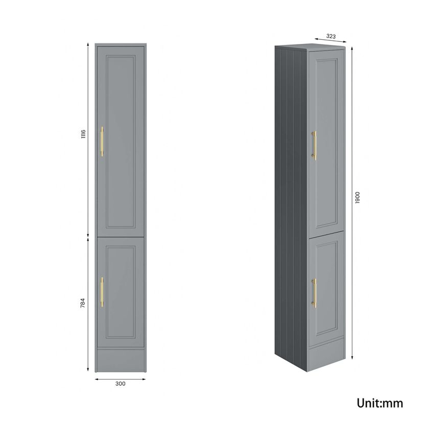 Monaco Dove Grey Floor Standing Tall Cabinet Unit 1900x300mm - Brass Knurled Handles