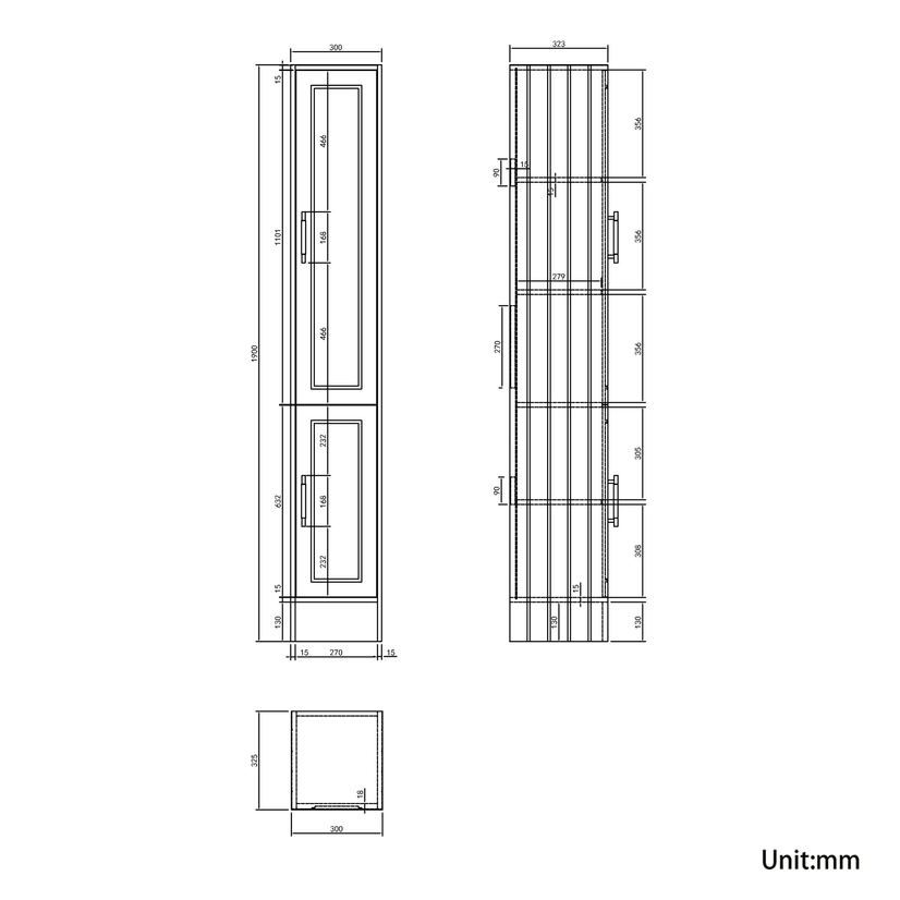 Monaco Dove Grey Floor Standing Tall Cabinet Unit 1900x300mm - Brass Knurled Handles