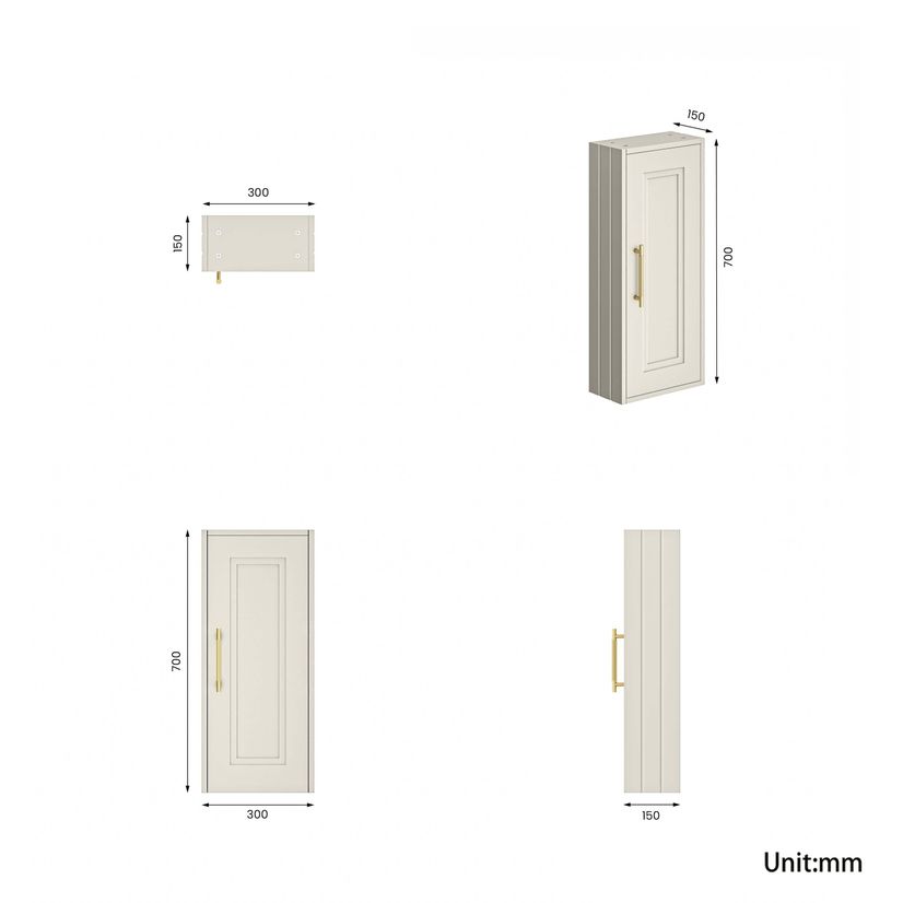 Chalk White Wall Hung Cabinet 700x300mm - Brass Knurled Handles