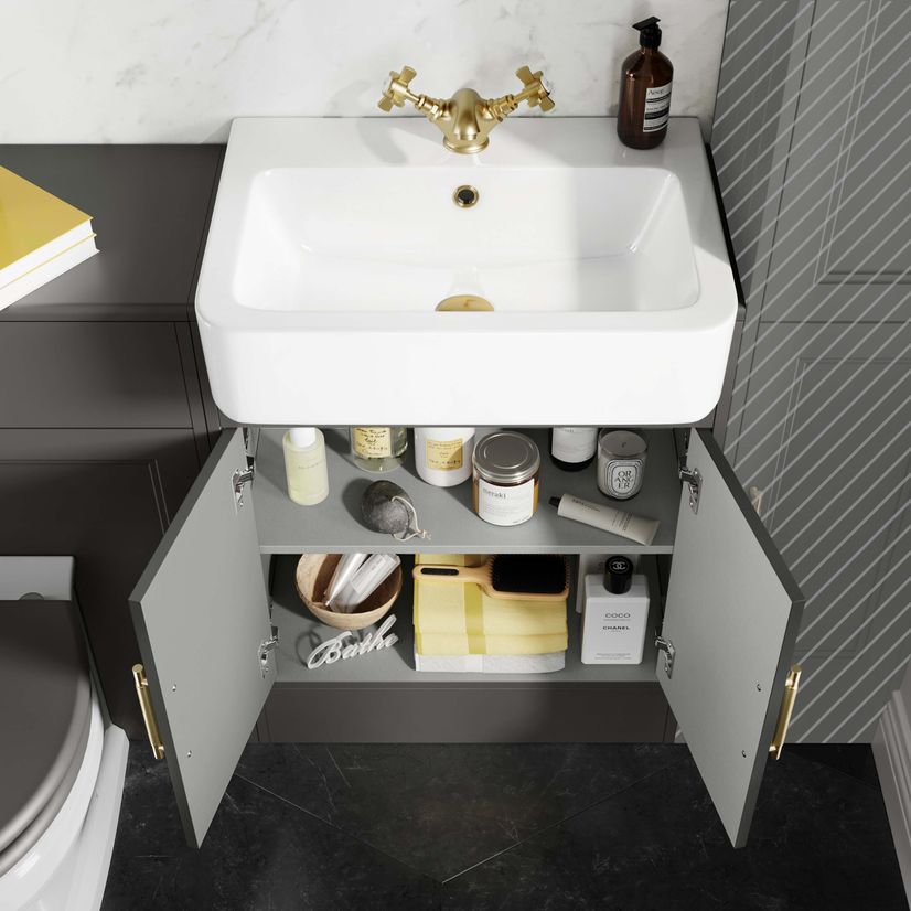 Monaco Graphite Grey Combination Vanity Basin and Hudson Toilet with Wooden Seat 1200mm - Brass Knurled Handles