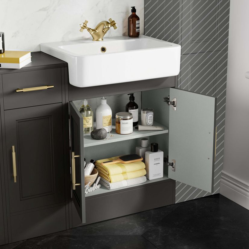 Monaco Graphite Grey Basin Vanity and Back To Wall Unit 1500mm (Excludes Pan & Cistern) - Brass Knurled Handles