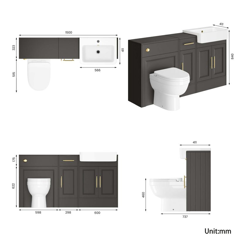 Monaco Graphite Grey Combination Vanity Basin and Seattle Toilet 1500mm - Brass Knurled Handles