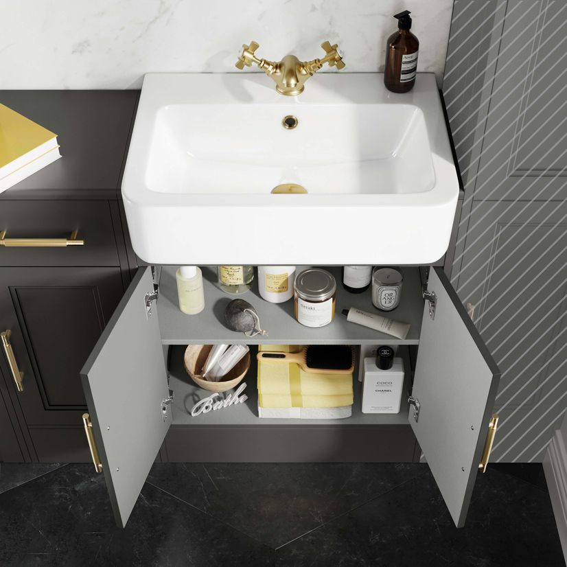 Monaco Graphite Grey Combination Vanity Basin and Hudson Toilet with Wooden Seat 1500mm - Brass Knurled Handles
