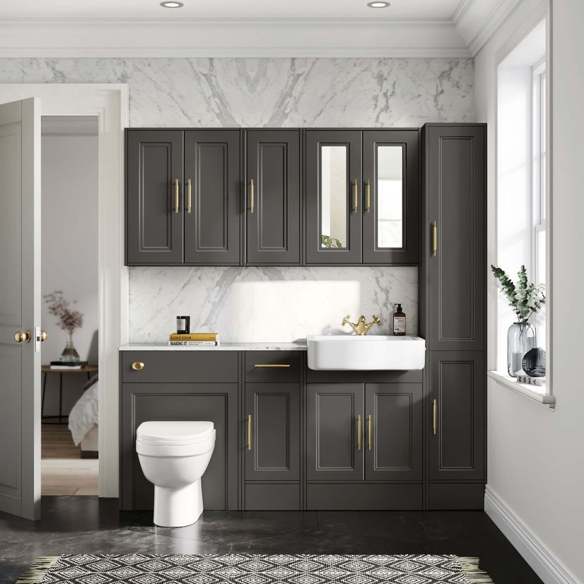 Monaco Graphite Grey Combination Vanity Basin with Marble Top and Seattle Toilet 1500mm - Brass Knurled Handles
