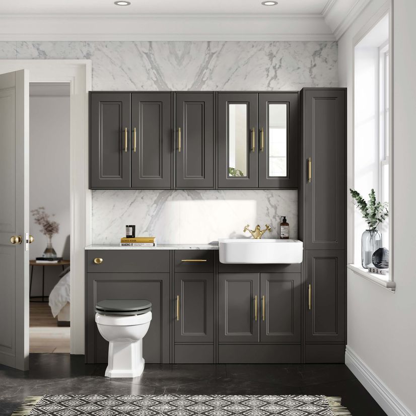 Monaco Graphite Grey Combination Vanity Basin with Marble Top and Hudson Toilet with Wooden Seat 1500mm - Brass Knurled Handles