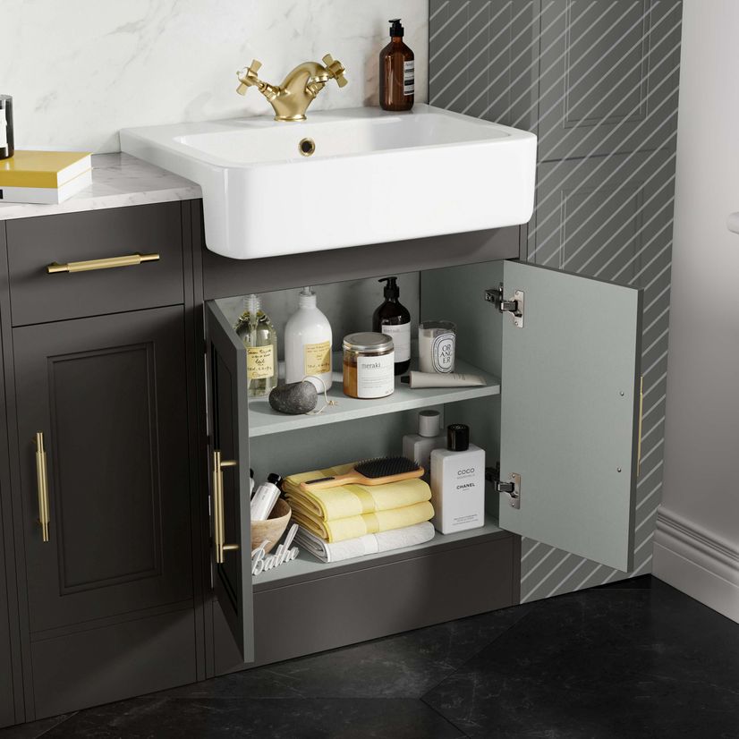 Monaco Graphite Grey Combination Vanity Basin with Marble Top and Hudson Toilet with Wooden Seat 1500mm - Brass Knurled Handles