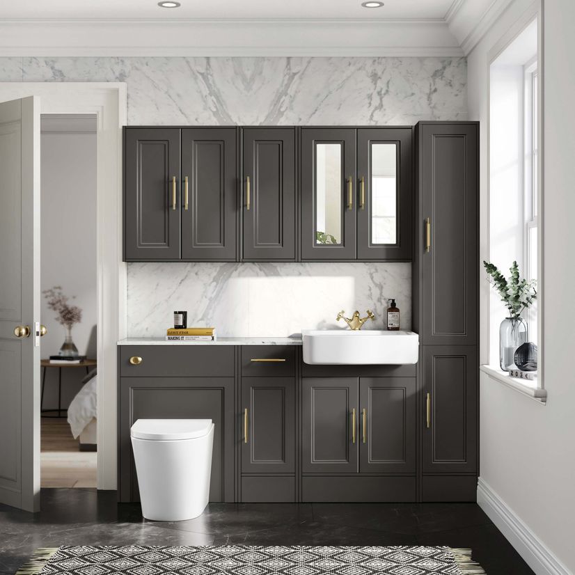 Monaco Graphite Grey Combination Vanity Basin with Marble Top and Boston V2 Toilet 1500mm - Brass Knurled Handles