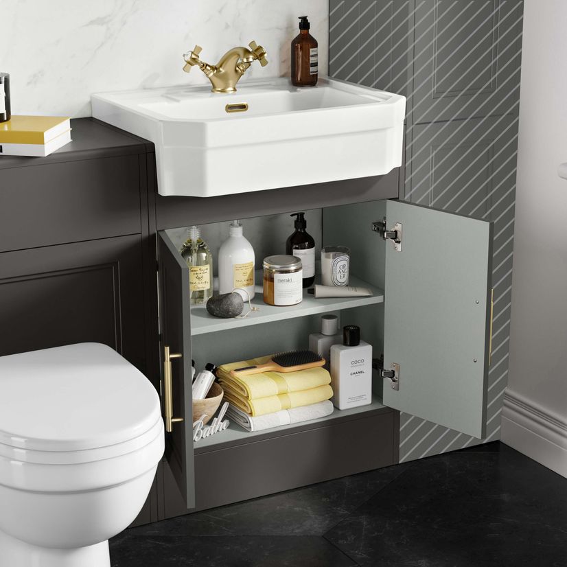 Monaco Graphite Grey Combination Vanity Traditional Basin and Seattle Toilet 1200mm - Brass Knurled Handles