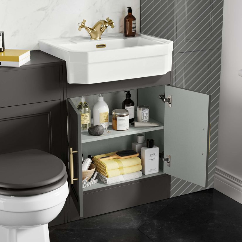 Monaco Graphite Grey Combination Vanity Traditional Basin and Hudson Toilet with Wooden Seat 1200mm - Brass Knurled Handles