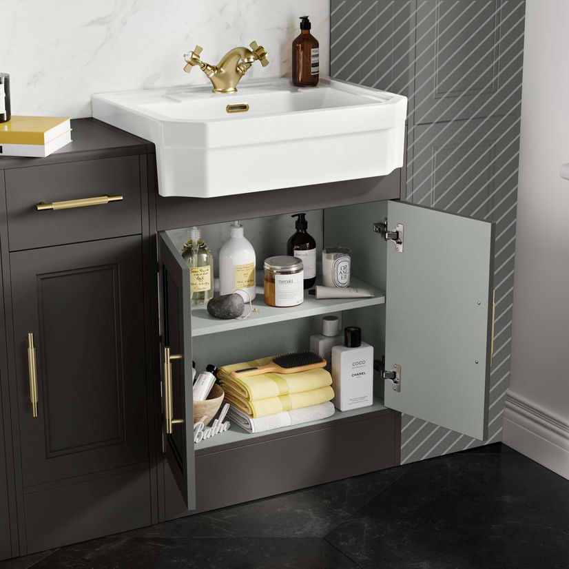 Monaco Graphite Grey Combination Vanity Traditional Basin and Hudson Toilet with Wooden Seat 1500mm - Brass Knurled Handles